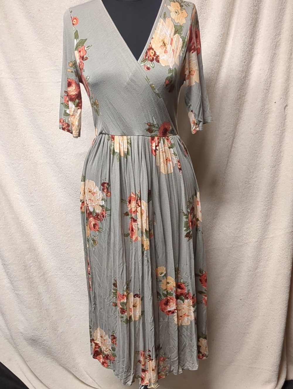 orange creek Floral Wrap Midi Dress in Light Gray with Cream & Red Blooms